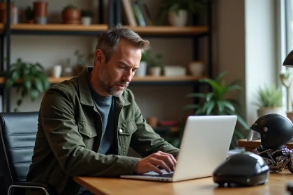 Passionné d'automobile lisant des actualités et essais moto sur un site spécialisé depuis son bureau à domicile