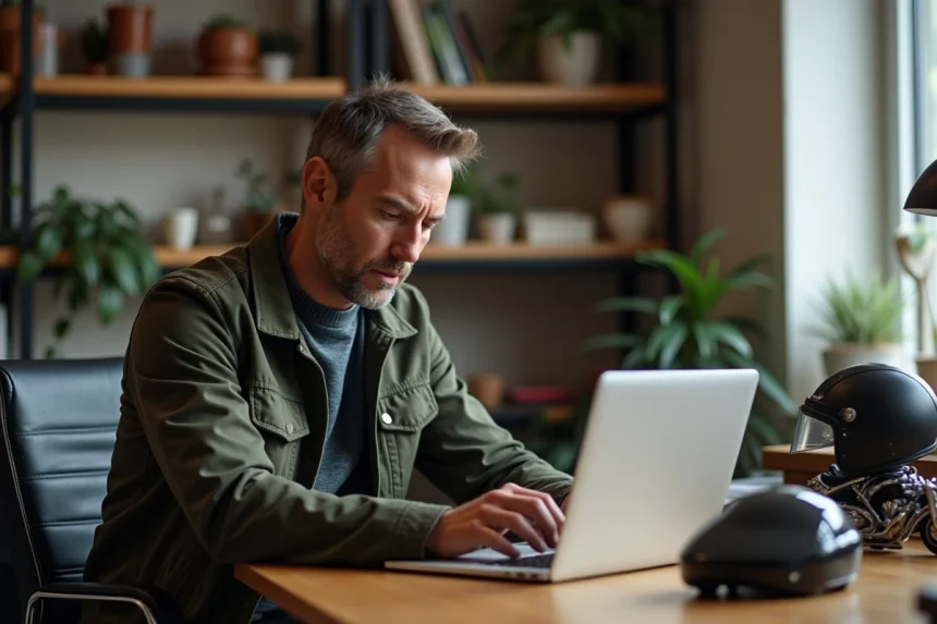 Passionné d'automobile lisant des actualités et essais moto sur un site spécialisé depuis son bureau à domicile