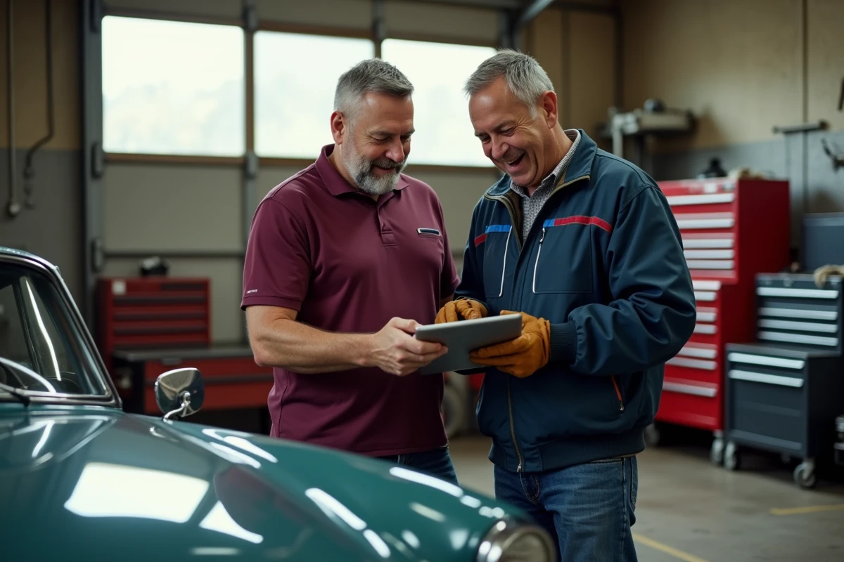 Deux passionnés d'automobile discutant d'actualités et d'essais auto sur une tablette dans un garage équipé