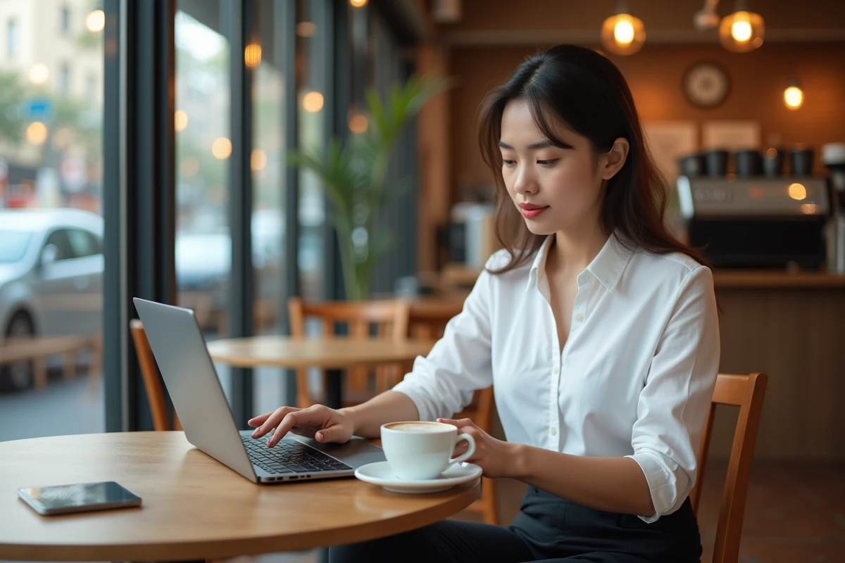 Jeune professionnelle dans un caf&eacute; lisant un r&eacute;sum&eacute; d'actualit&eacute;s sur son ordinateur pendant une courte pause de travail