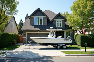 Petit bateau moteur sur remorque devant maison moderne