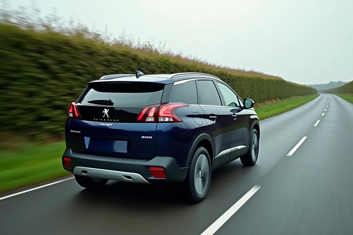 Peugeot 3008 Hybrid 136 en mouvement sur une route de campagne sinueuse vue de trois quarts arrière