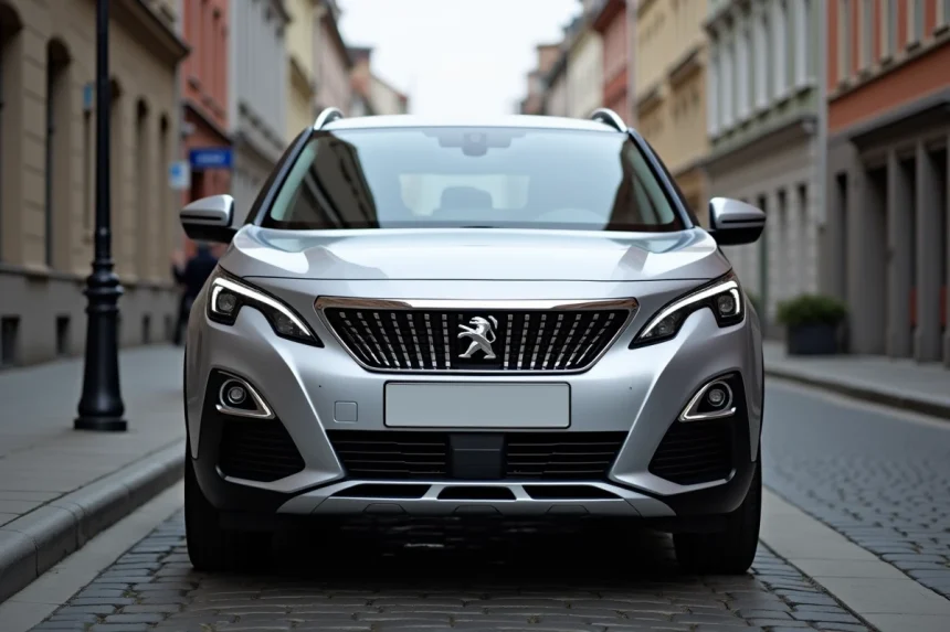 Peugeot 3008 Hybrid 136 vue de trois quarts avant garée dans une rue urbaine pavée
