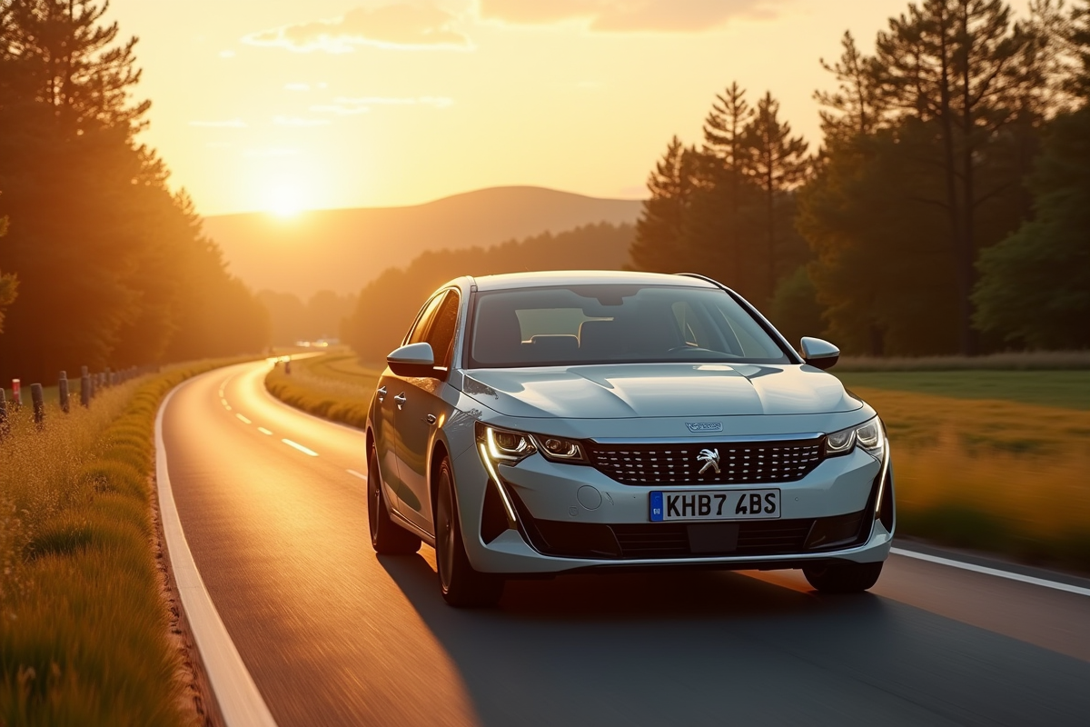 Peugeot 408 hybride sur route de campagne au coucher du soleil