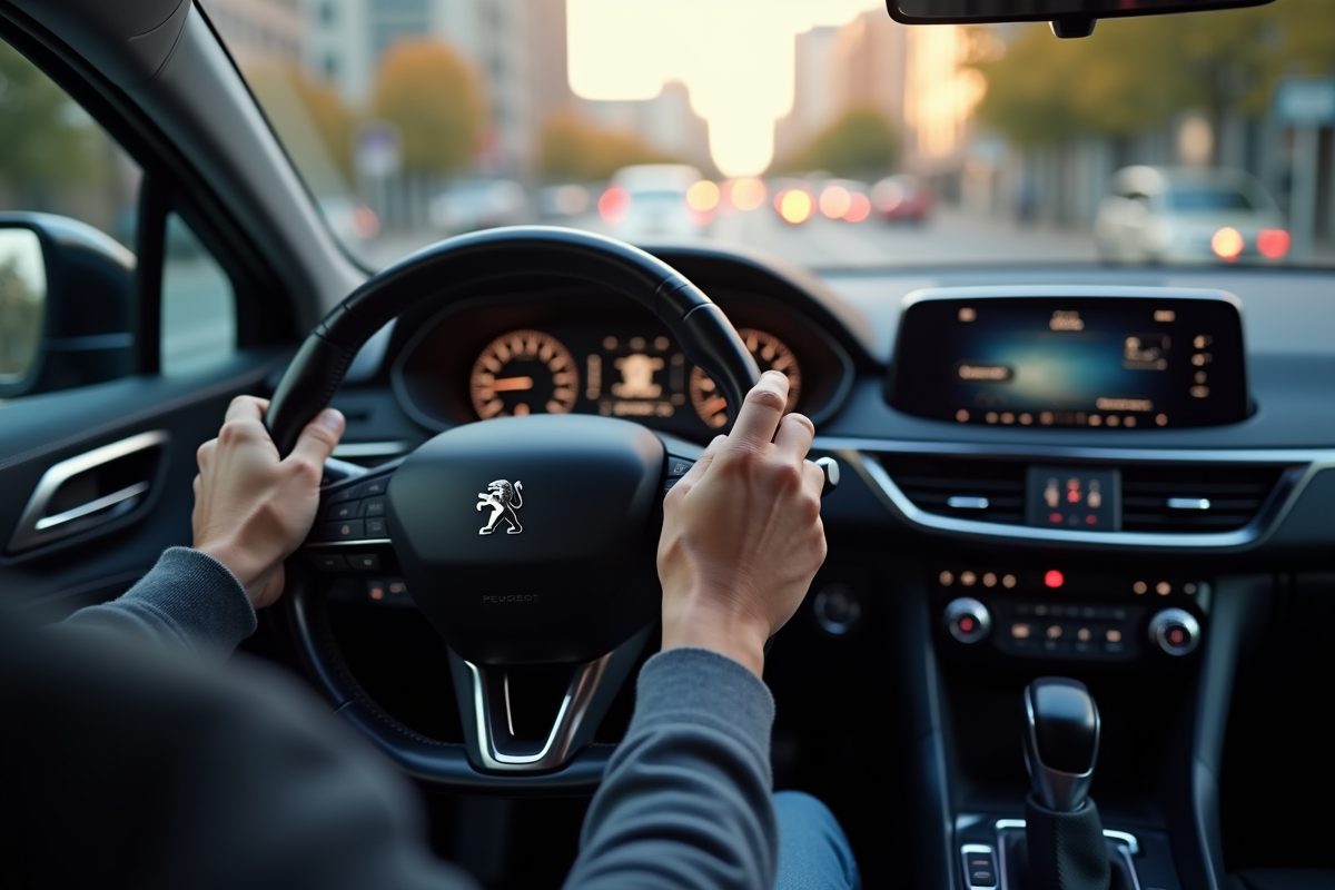 Intérieur de la Peugeot 408 hybride vue du conducteur en ville