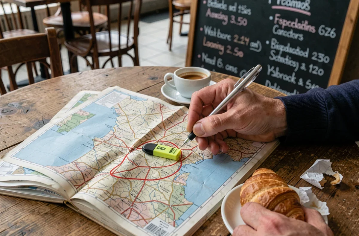 Homme planifiant un itinéraire économique sur un atlas routier dans un café, marquant les routes gratuites en France