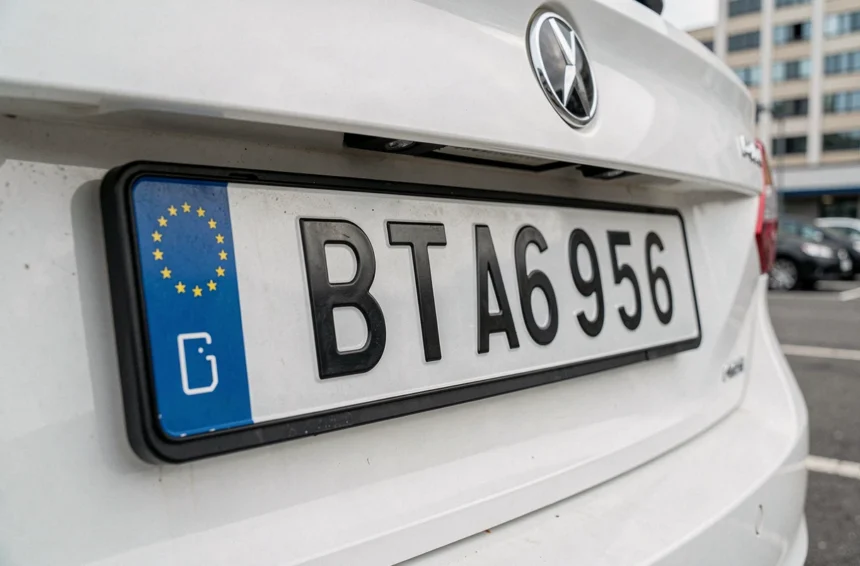 Gros plan sur une plaque d'immatriculation européenne avec code pays et étoiles sur fond bleu