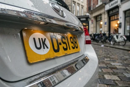 Plaque d'immatriculation britannique UK sur une voiture garée dans une rue pavée européenne sous la pluie, illustrant les questions d'immatriculation après le Brexit