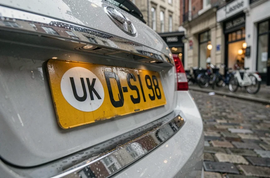 Plaque d'immatriculation britannique UK sur une voiture garée dans une rue pavée européenne sous la pluie, illustrant les questions d'immatriculation après le Brexit