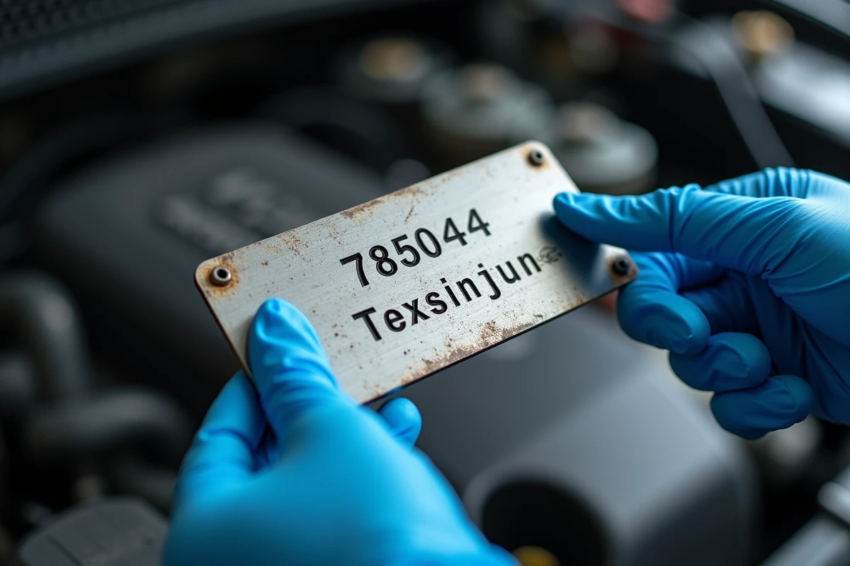 Gros plan sur la plaque VIN métallique dans le compartiment moteur d'un SUV d'occasion comparée à un rapport d'historique de véhicule