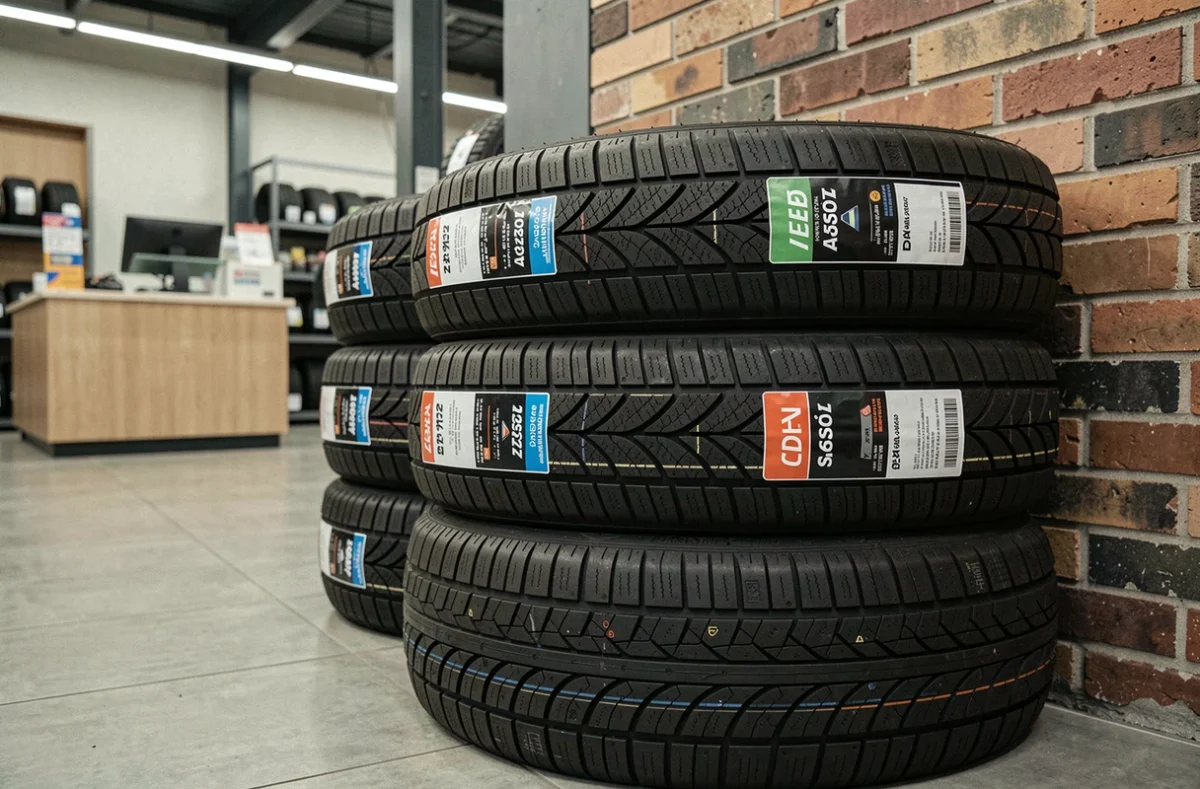 Quatre pneus 365 toutes saisons empilés avec étiquettes de spécifications dans un magasin spécialisé