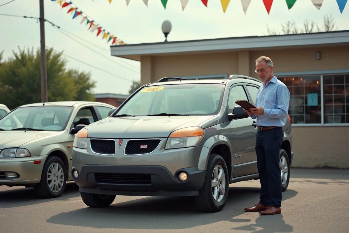 Pontiac Aztek d'occasion exposé dans un lot de concessionnaire automobile avec un vendeur consultant un document, vue large du parking et de la carrosserie