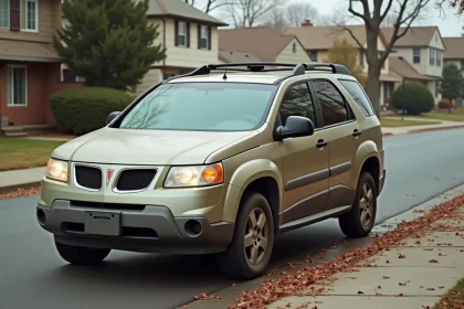Pontiac Aztek d'occasion garé dans une rue résidentielle, vue 3/4 avant montrant la carrosserie bi-ton et les défauts d'usure typiques d'un véhicule ancien
