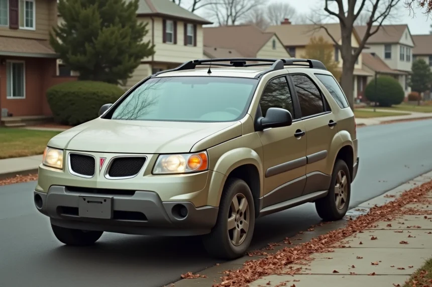Pontiac Aztek d'occasion garé dans une rue résidentielle, vue 3/4 avant montrant la carrosserie bi-ton et les défauts d'usure typiques d'un véhicule ancien