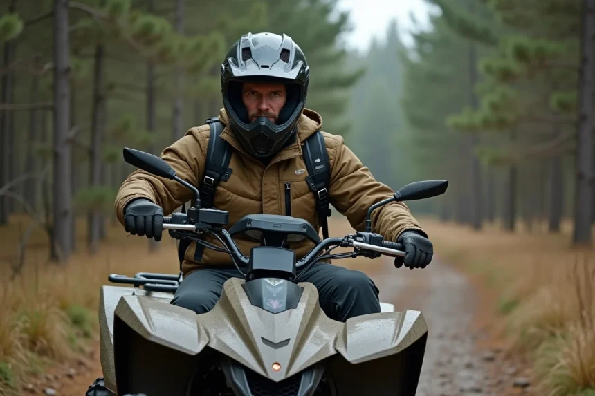 Homme casqué assis sur un quad homologué route sur un chemin de forêt, prêt à conduire