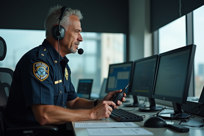 Opérateur radio homme en uniforme parlant dans un micro