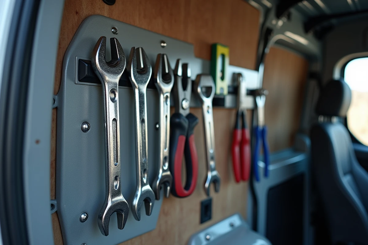 Détail d'un rail magnétique et d'un panneau perforé pour outils fixés à la paroi intérieure d'un Kangoo