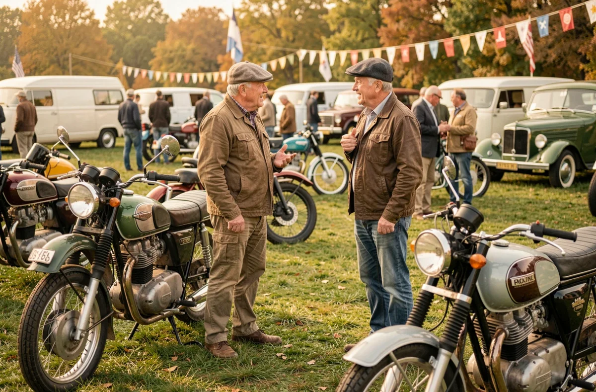 Collectionneurs de motos anciennes discutant lors d'un rassemblement de motos de collection en plein air