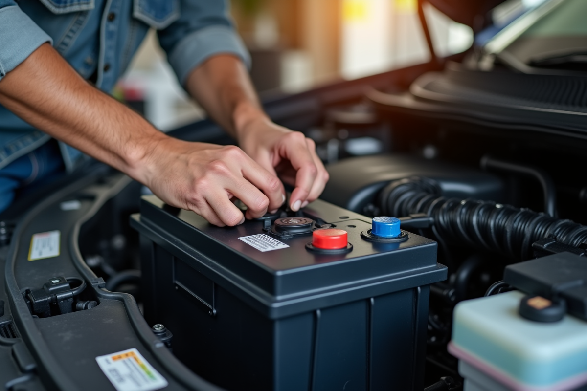 Personne changeant la batterie de voiture en plein jour