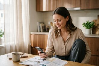 Jeune femme révisant le code de la route chez elle entre deux obligations professionnelles