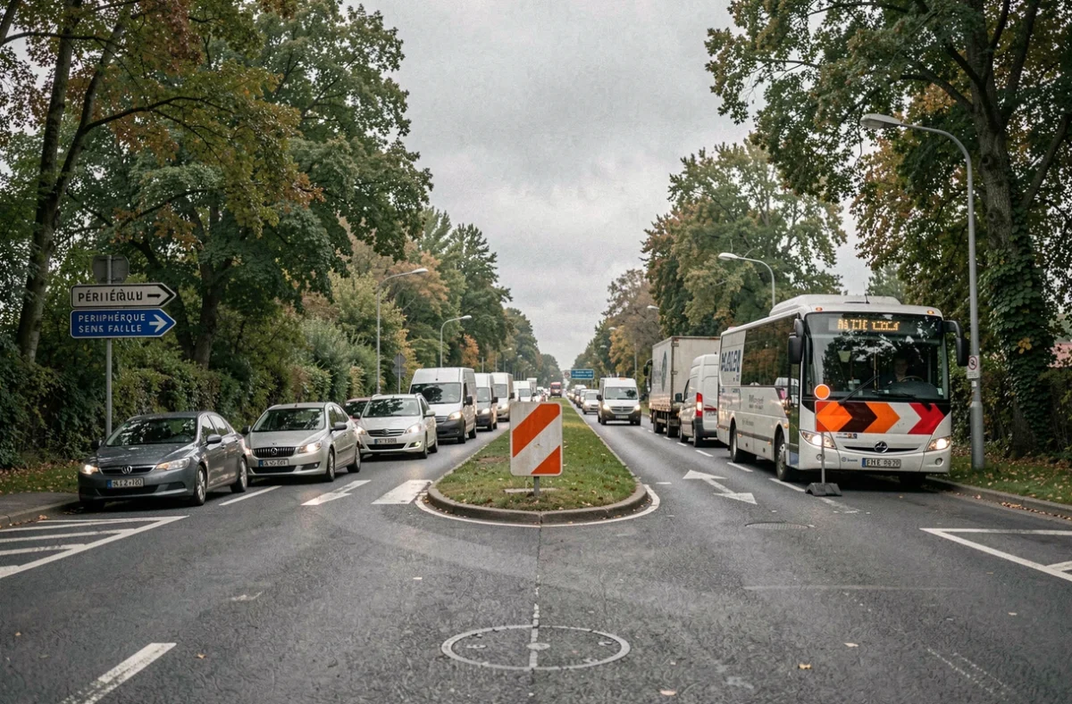 File de voitures au rond-point d'accès au périphérique de Caen avec panneau de déviation temporaire