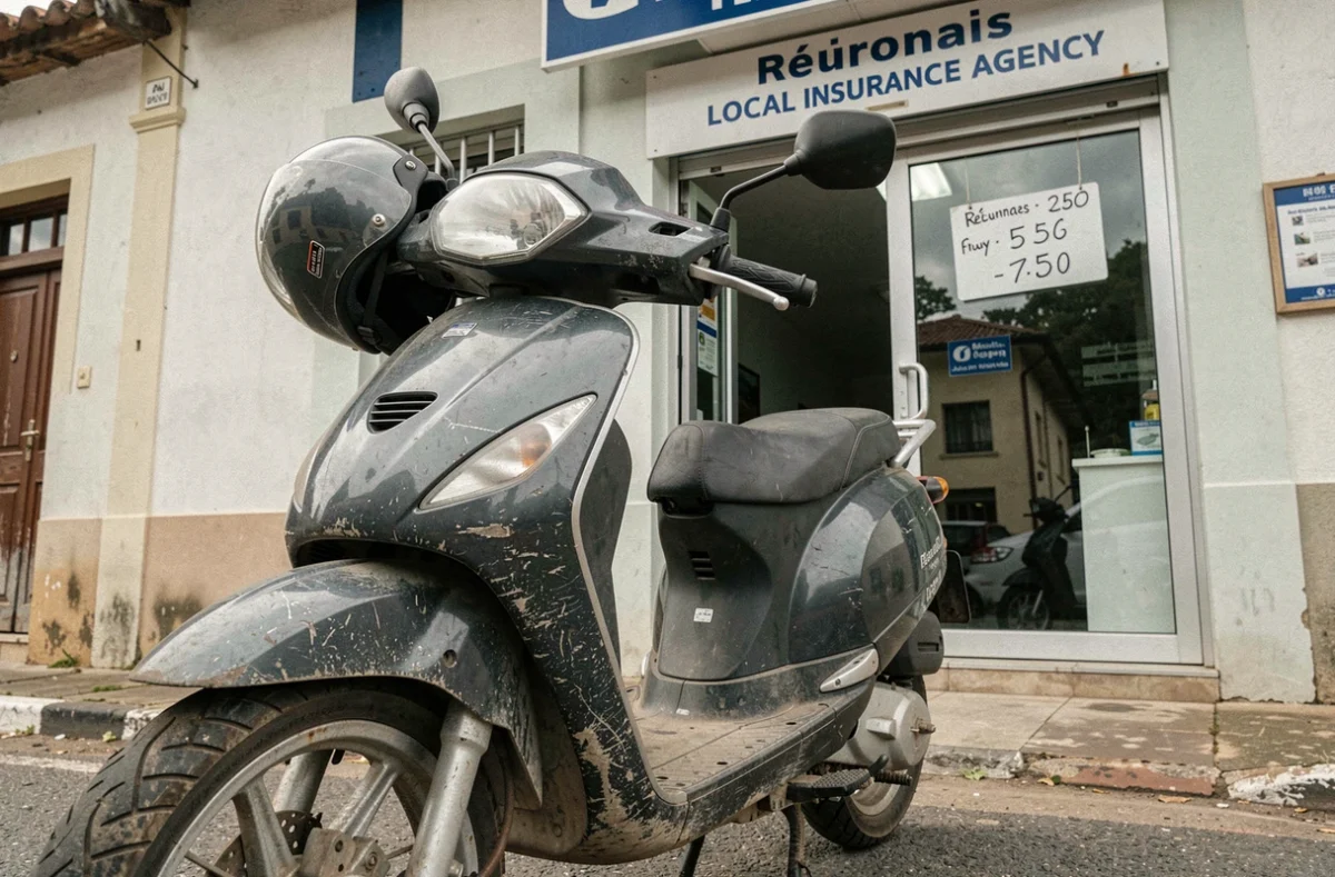 Scooter 125cc garé devant une agence d'assurance moto locale à La Réunion
