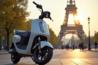 Scooter électrique neuf devant la tour Eiffel à Paris