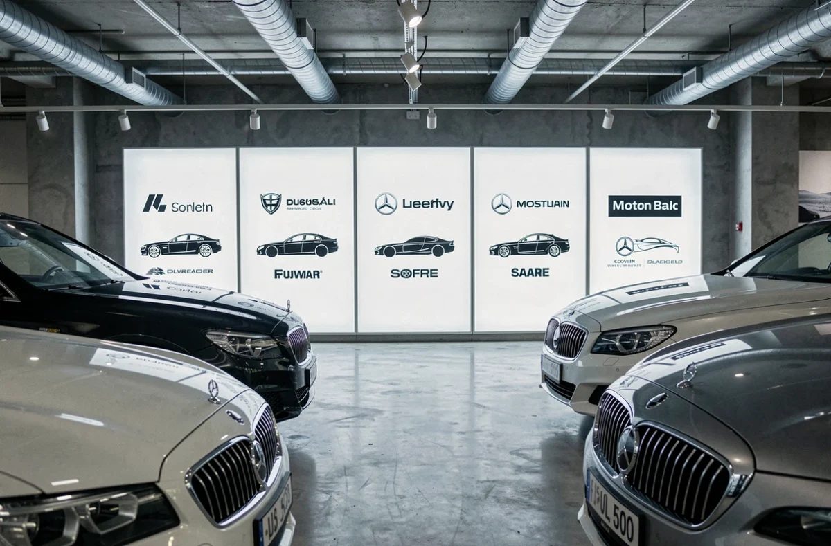 Intérieur d'un showroom automobile moderne avec des panneaux muraux affichant des logos de marques de voitures en noir et blanc, et des capots de véhicules au premier plan