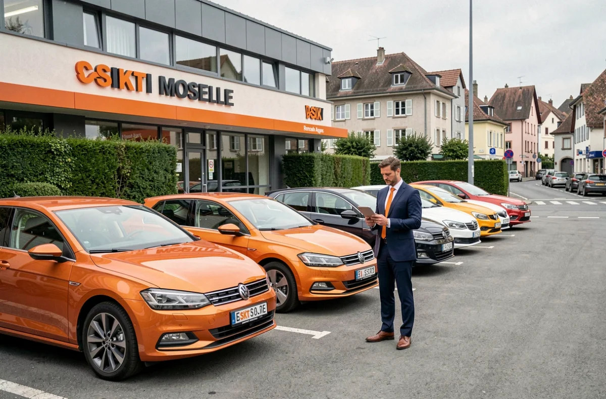 Extérieur de l'agence Sixt en Moselle avec des véhicules premium alignés et un agent consultant une tablette
