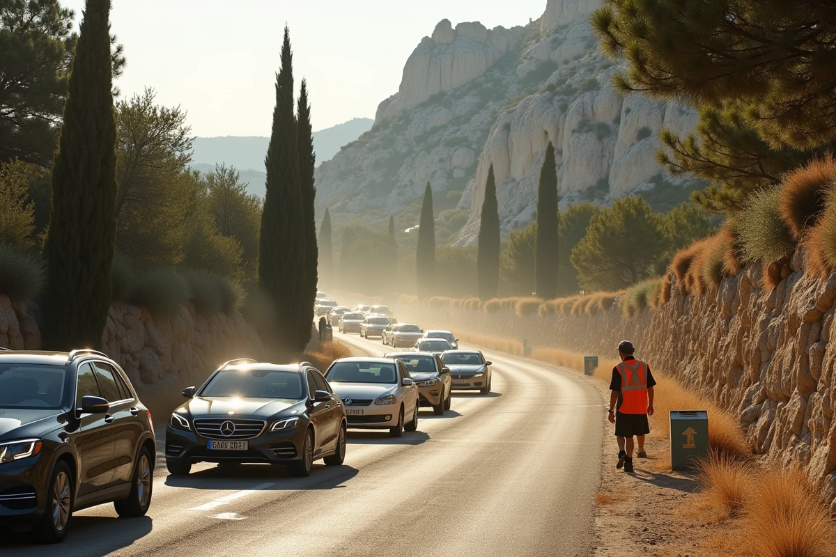 File de voitures quittant le parking des Baux-de-Provence en fin de journée avec un agent de circulation sur route provençale