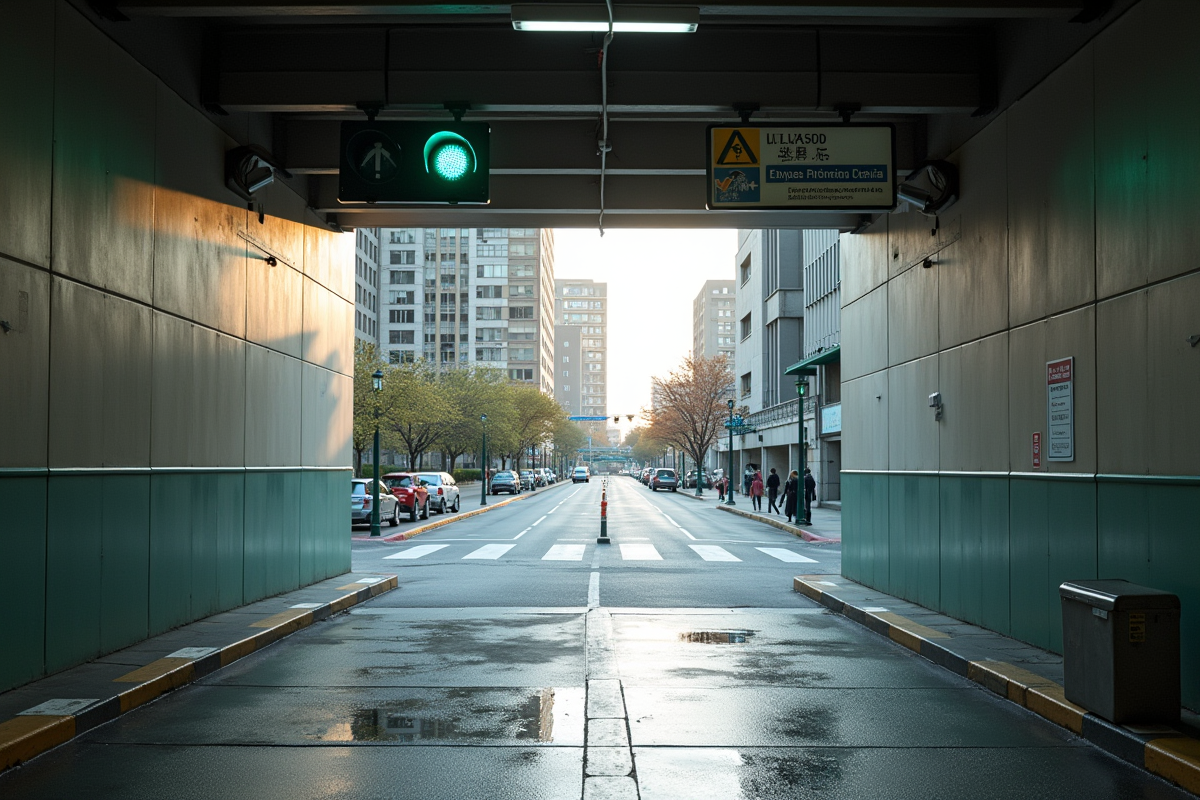 Sortie de parking souterrain avec feu vert lumineux