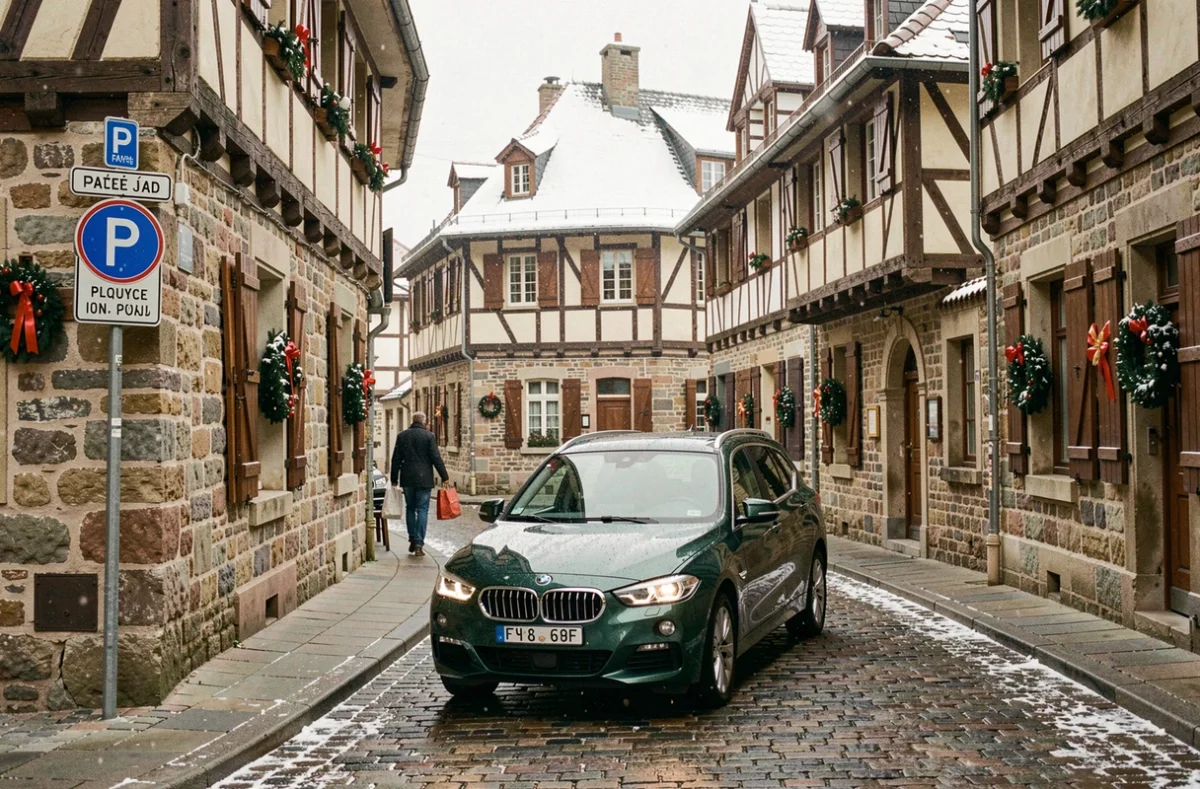 Voiture garée dans une rue pavée du centre historique de Colmar en hiver