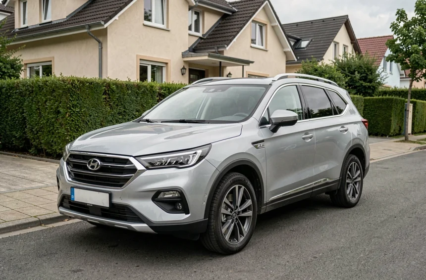 SUV familial de marque chinoise garé dans un quartier résidentiel européen, vue 3/4 avant sur carrosserie argentée moderne