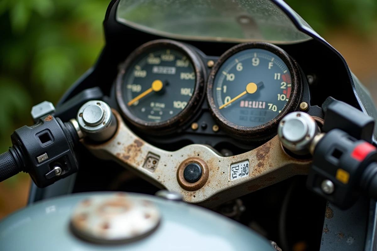 Gros plan sur le tableau de bord et les instruments d'une Suzuki GSX-R 1100 de 1992, révélant l'usure authentique des cadrans et des commandes