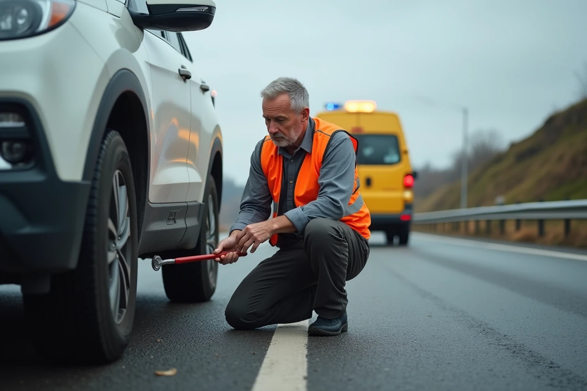 Technicien d'assistance routière changeant un pneu crevé sur l'autoroute, intervention prise en charge par l'assurance