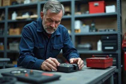 Technicien auto inspectant un module &eacute;lectronique dans son atelier