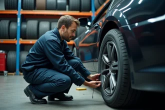 Technicien automobile inspectant un pneu dans un atelier professionnel de montage de pneus