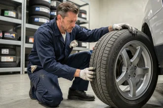 Technicien automobile inspectant un pneu toutes saisons dans un atelier professionnel bien équipé