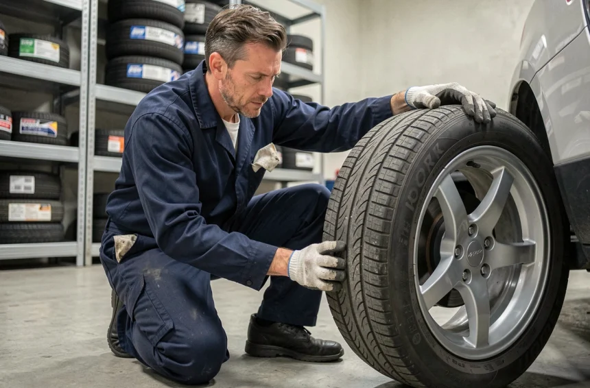 Technicien automobile inspectant un pneu toutes saisons dans un atelier professionnel bien équipé