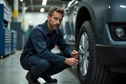 Technicien automobile inspectant les marquages de taille sur un pneu dans un atelier de réparation