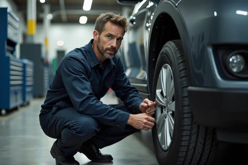 Technicien automobile inspectant les marquages de taille sur un pneu dans un atelier de réparation