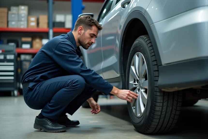 Technicien automobile inspectant les marquages de taille sur un pneu monté dans un atelier mécanique professionnel