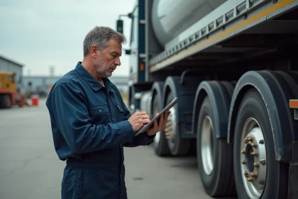 Technicien en overalls v&eacute;rifiant un camion lourd avec tablette