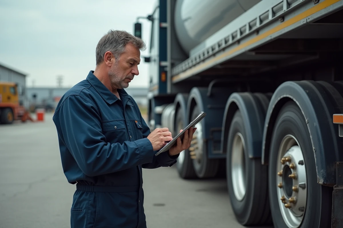Technicien en overalls vérifiant un camion lourd avec tablette