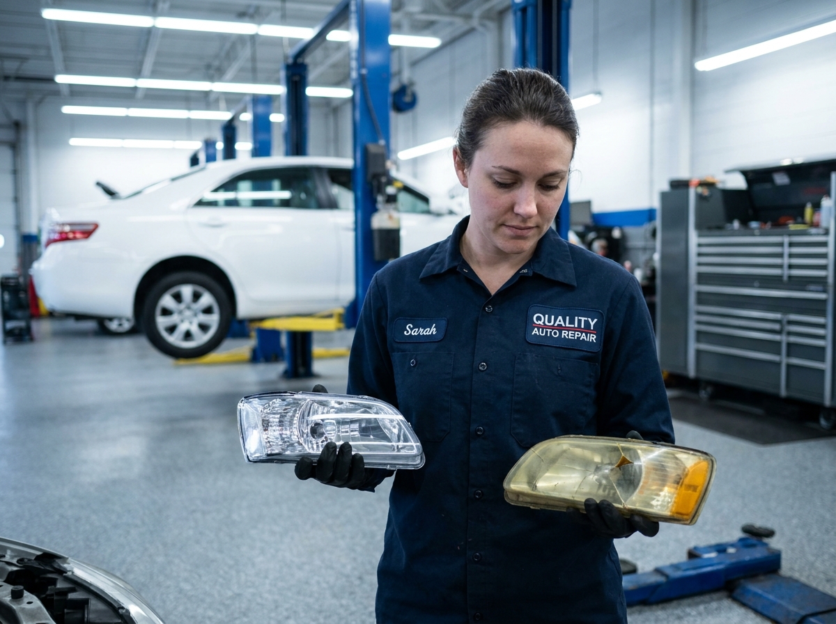 Technicienne automobile en garage comparant un feu de voiture neuf et un feu endommagé
