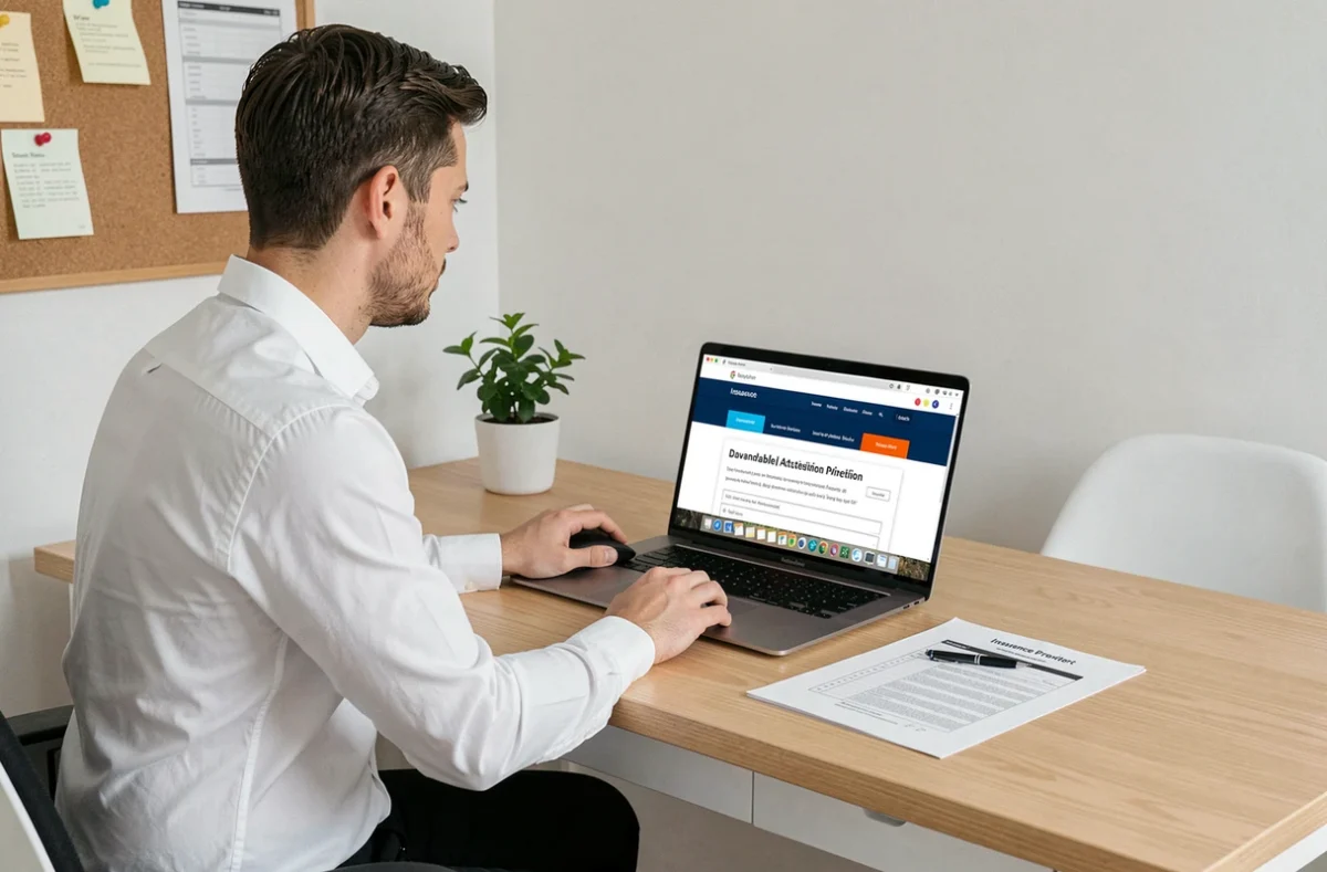 Jeune homme téléchargeant son attestation d'assurance voiture depuis un site internet sur ordinateur portable au bureau