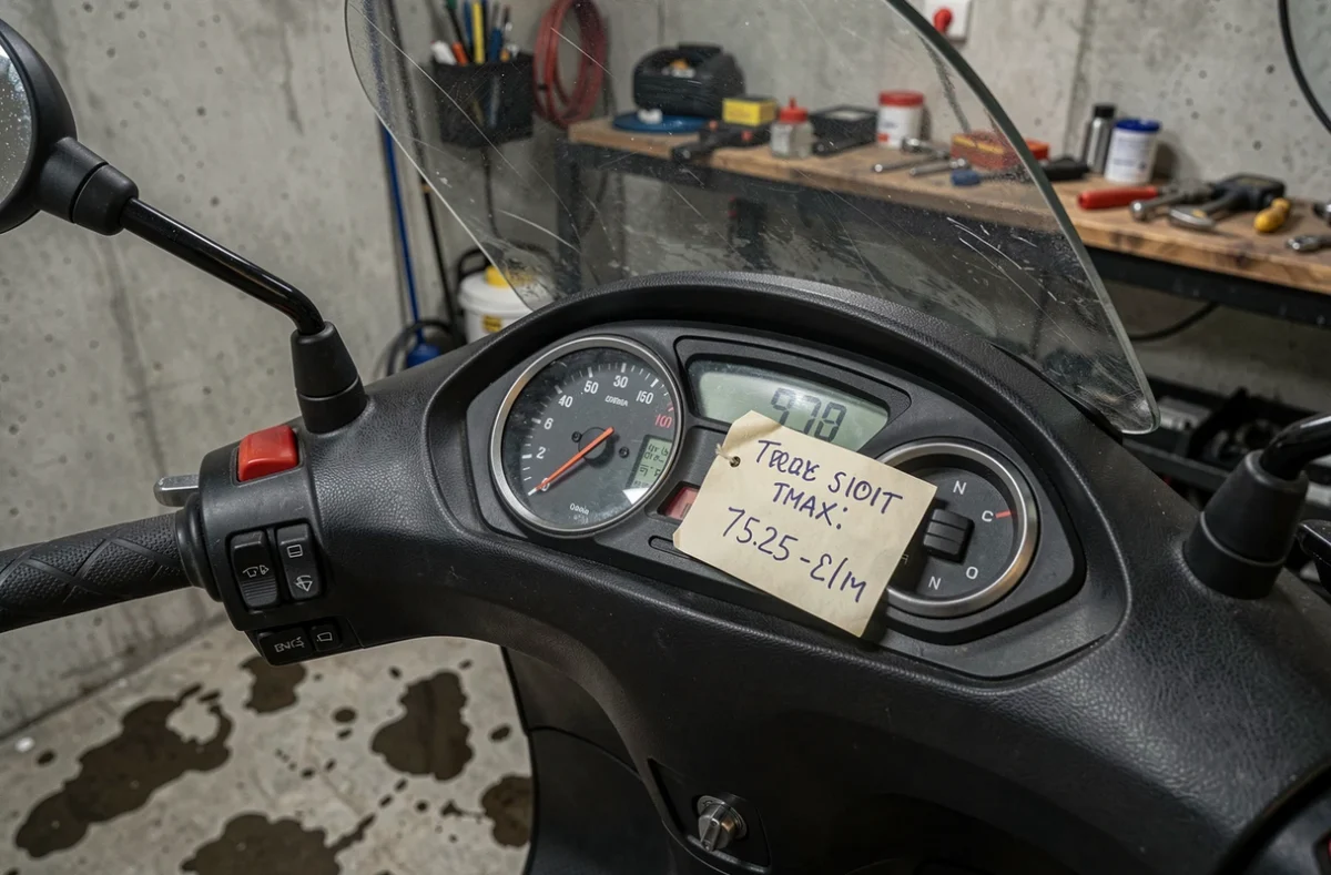 Gros plan du tableau de bord et du compteur kilométrique d'un TMAX 750 d'occasion avec un autocollant de prix manuscrit dans un garage privé