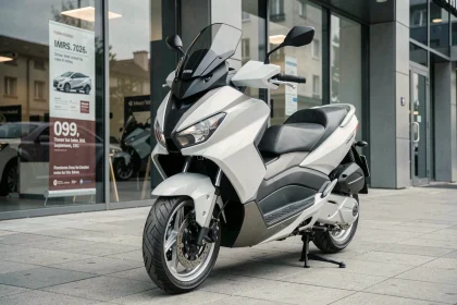 TMAX 750 2026 garé devant une concession moto avec affichage de prix promotionnel visible en arrière-plan