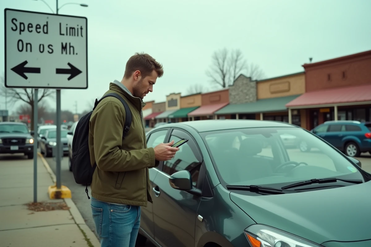 Voyageur européen devant un panneau de limitation de vitesse en mph cherchant à convertir la vitesse en km/h mentalement