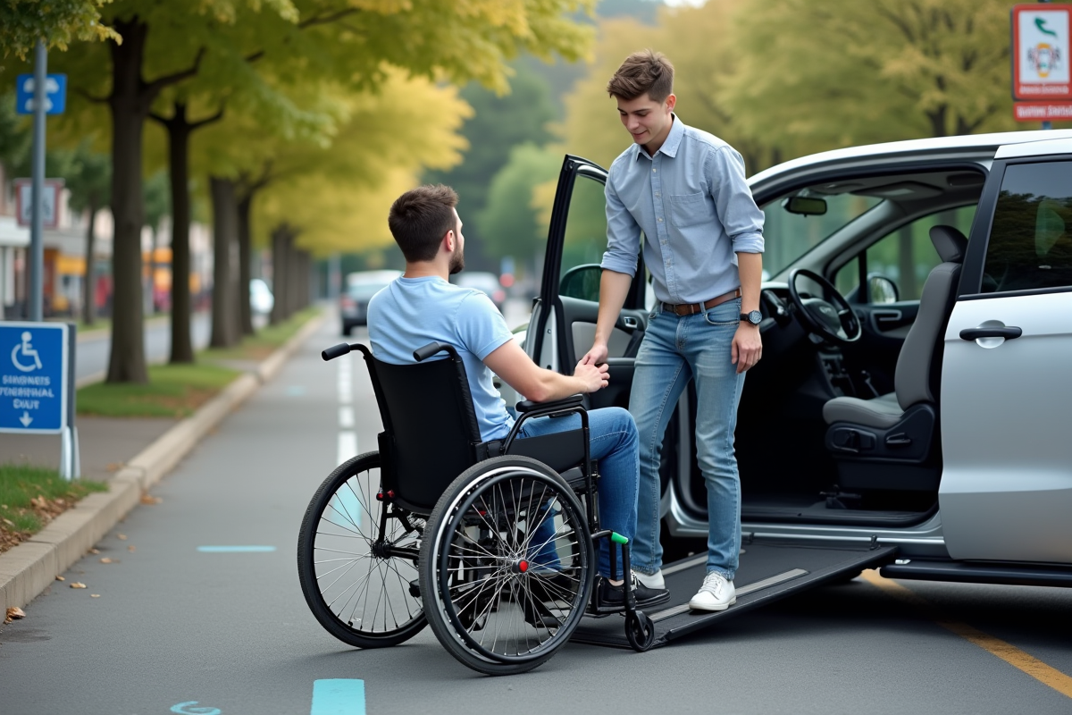Jeune homme transférant en voiture adaptée devant une école urbaine